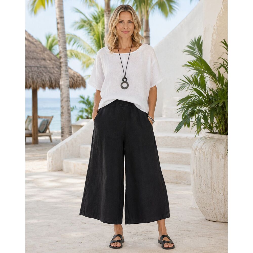 Bryn Walker Black Linen Wide Leg Cropped Pants Elastic Back Waist USA XXS